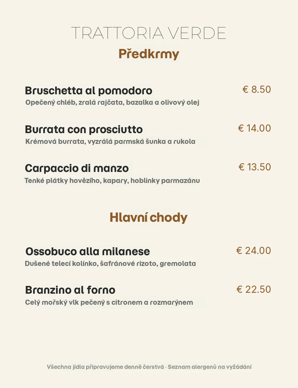 The finished menu re-rendered in Czech with matched typography
