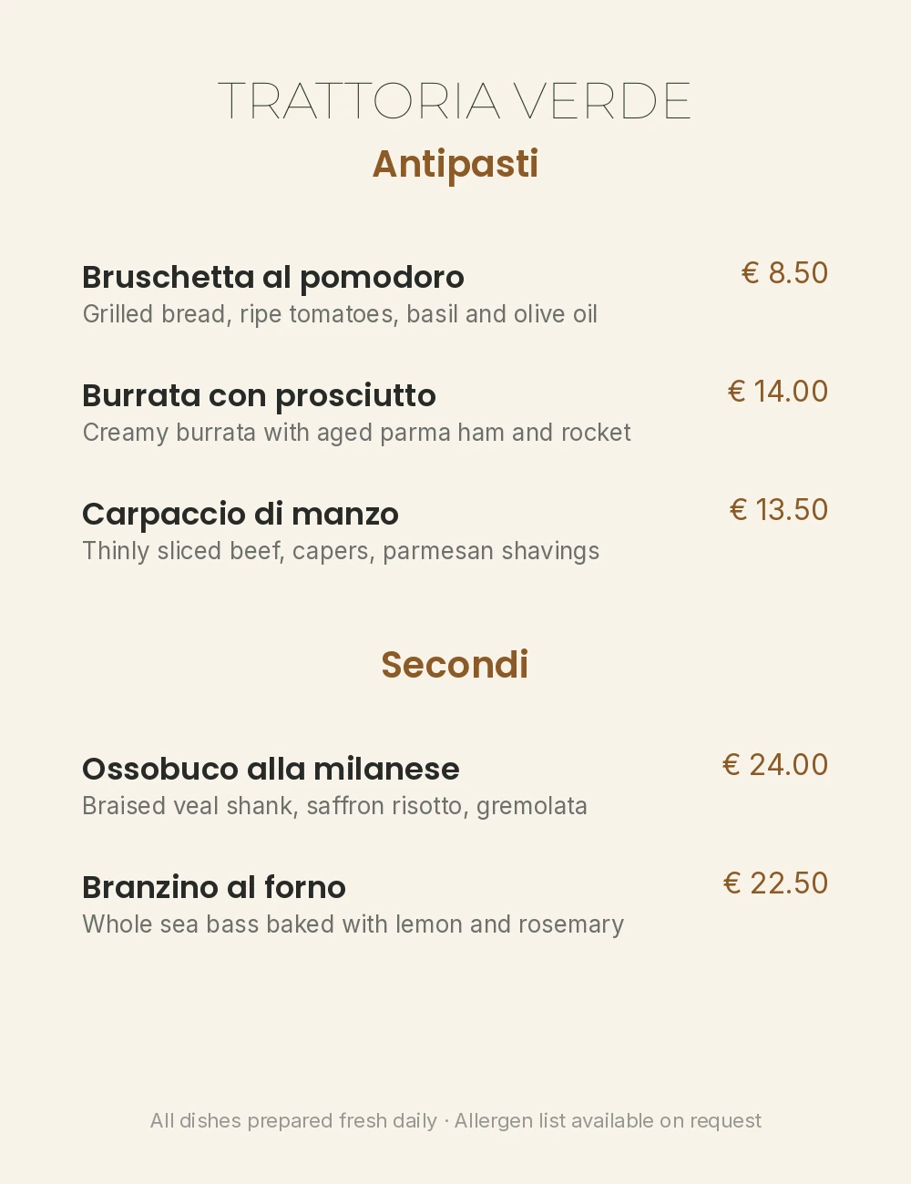Menu source with detected text elements outlined — headings, items, body copy, and verbatim prices