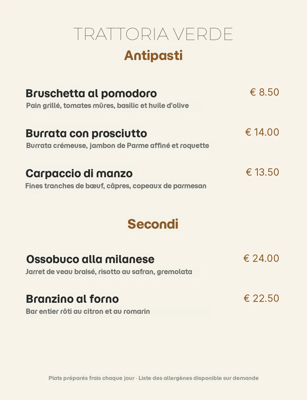 Menu in Français