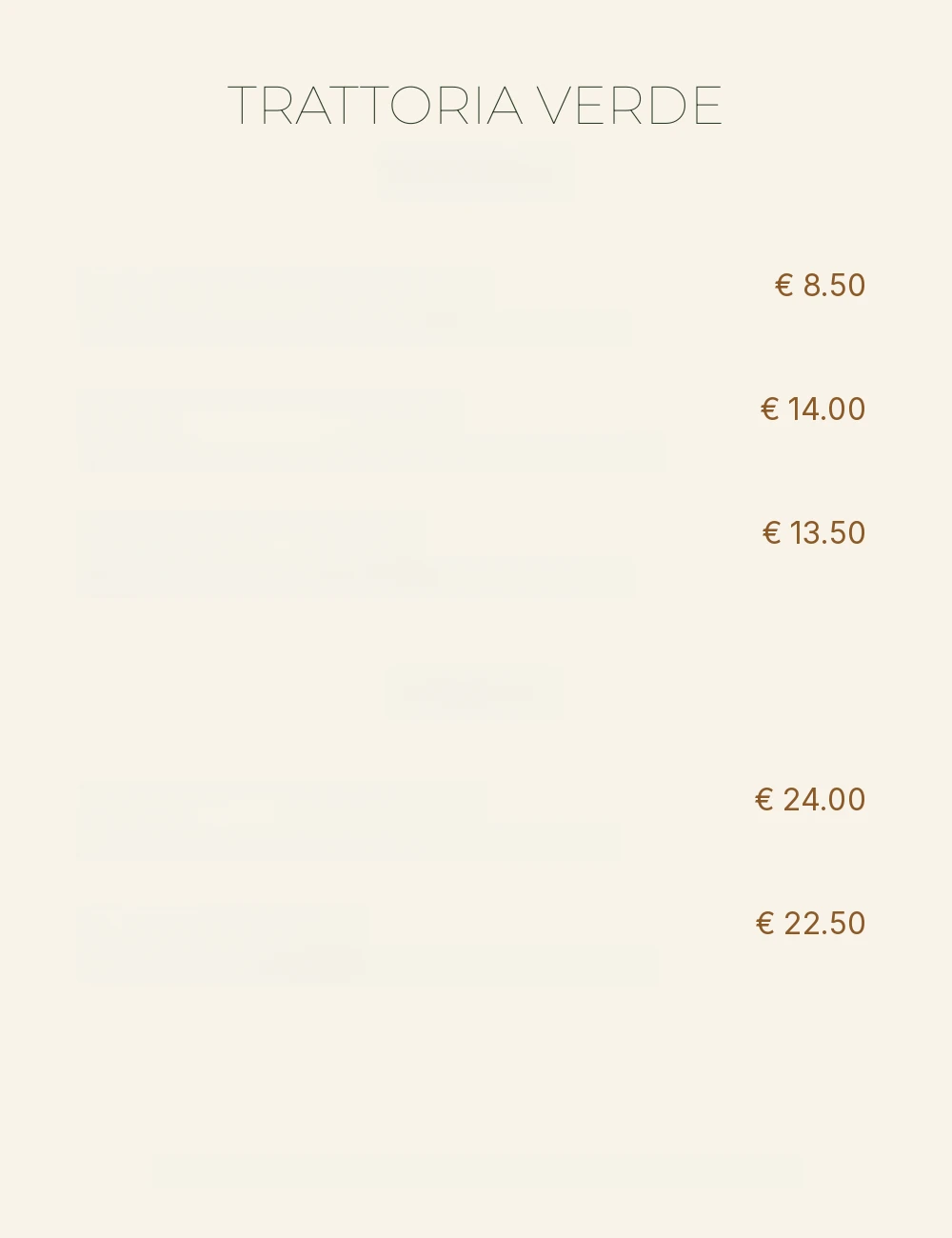 The same menu with all translatable text erased — brand name and prices preserved on a clean background plate